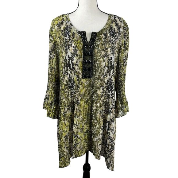 Catherines Tunic Blouse Plus Size 3X Green Black Beaded Pleated 3/4 Sleeve Top - Picture 1 of 11